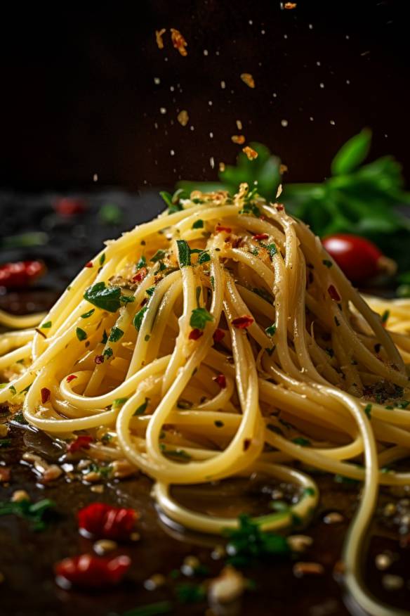 Spaghetti Aglio e Olio mit Knoblauch, Chili und Petersilie