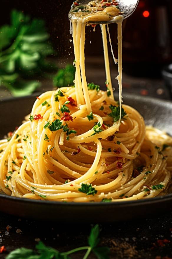 Spaghetti Aglio e Olio mit Knoblauch, Chili und Petersilie