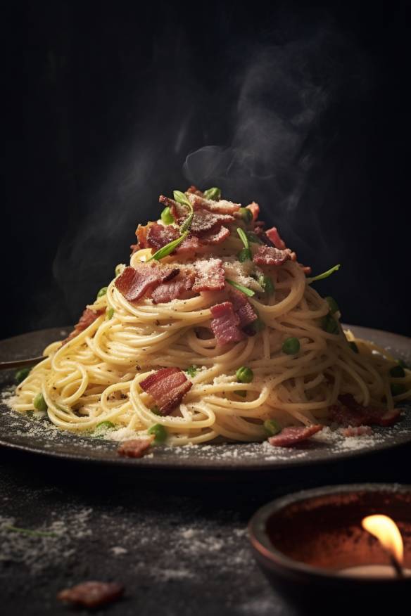 Spaghetti Carbonara auf einem Teller angerichtet.