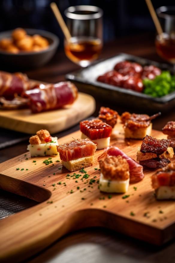 Spanische Tapas - Leckeres Fingerfood mit Hähnchen, Garnelen, Chorizo und Manchego-Käse