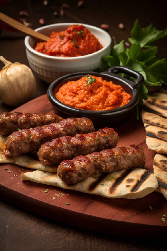 Pikante Cevapcici mit Ajvar-Dip