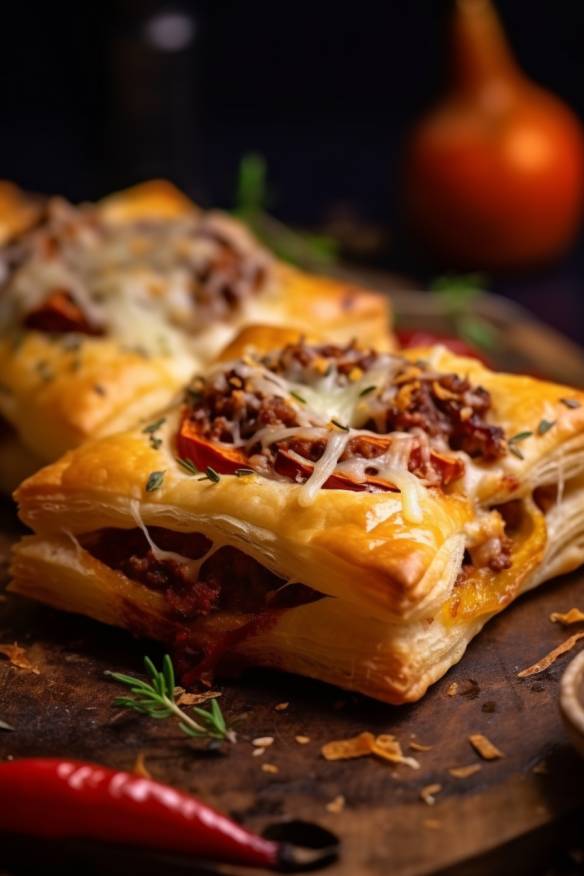 Pikanter Blätterteig Snack mit Hackfleisch, Paprika und Käse