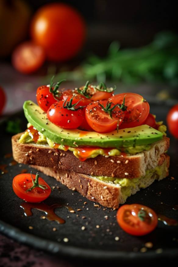 Pikantes Avocado-Tomaten-Sandwich - Schnelles vegetarisches Fingerfood für den kleinen Hunger