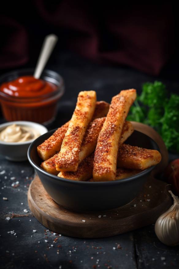 Pikante Käsestangen mit Paprika-Dip.