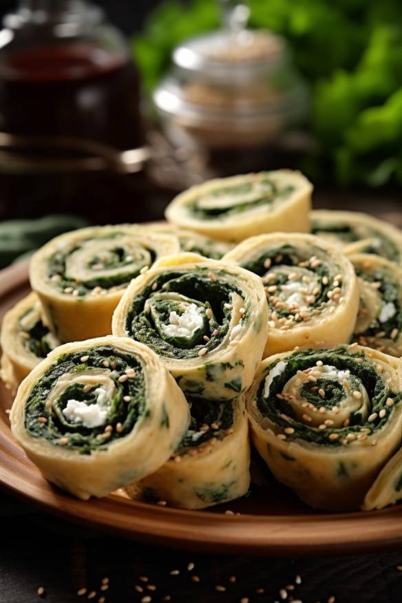 Spinat-Feta-Schnecken auf weißem Teller mit Dip