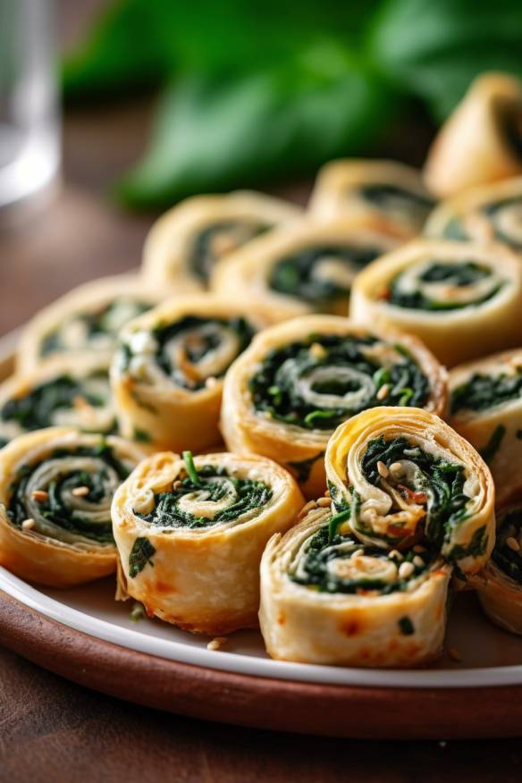 Spinat-Feta-Schnecken auf weißem Teller mit Dip