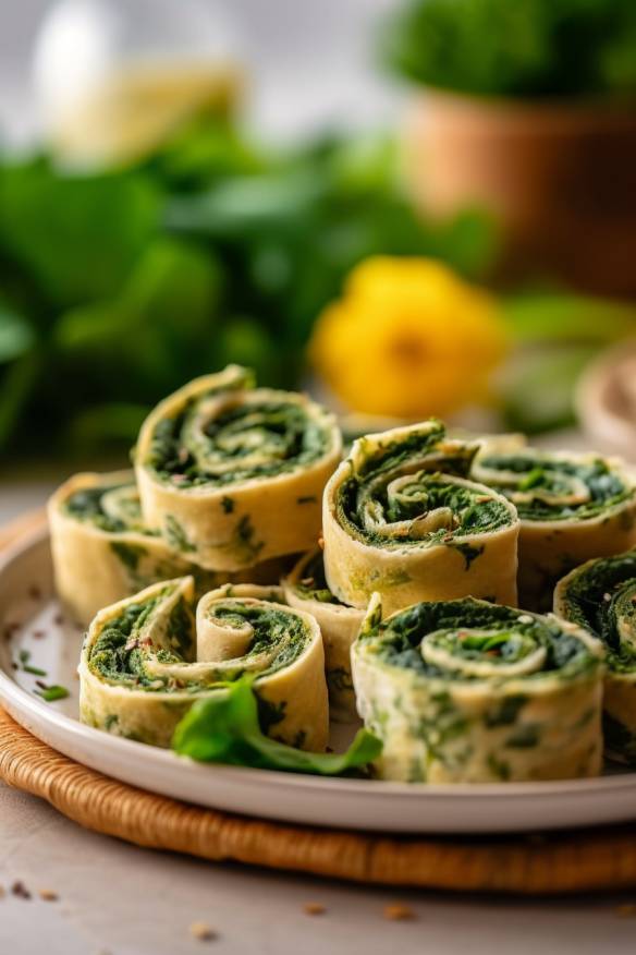 Spinat-Feta-Schnecken auf weißem Teller mit Dip