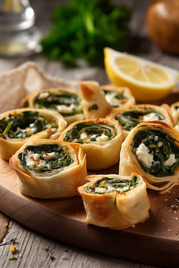 Spinat-Feta-Schnecken auf weißem Teller mit Dip