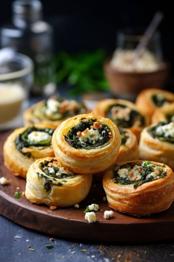 Spinat-Feta-Schnecken - Vegetarisches Fingerfood mit Blätterteig.