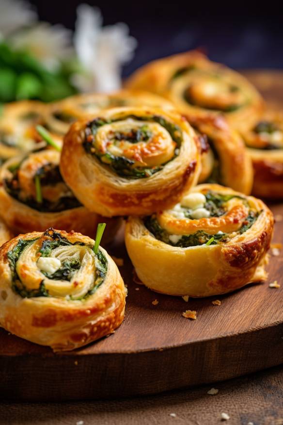 Spinat-Feta-Schnecken - Vegetarisches Fingerfood mit Blätterteig.