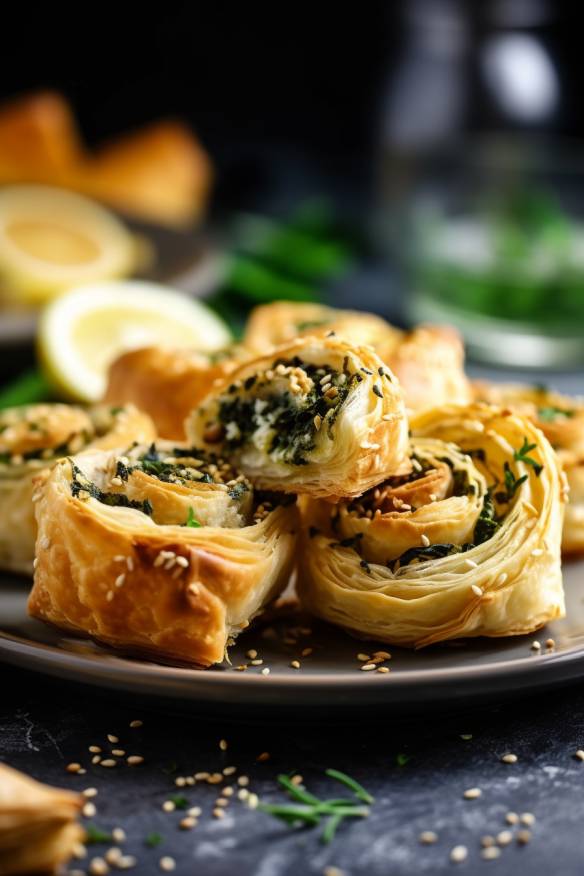 Blätterteig-Schnecken mit Spinat und Feta auf einem Teller angerichtet.