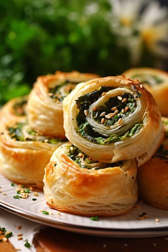 Blätterteig-Schnecken mit Spinat und Feta auf einem Teller angerichtet.