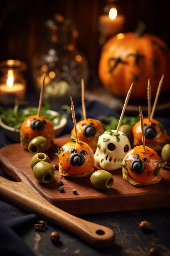 Gruselige Halloween-Häppchen mit Käse und Oliven.