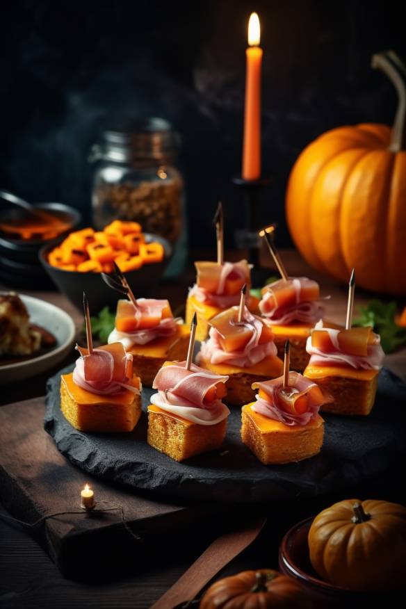 Gruselige Halloween-Häppchen mit Kürbis und Schinken.