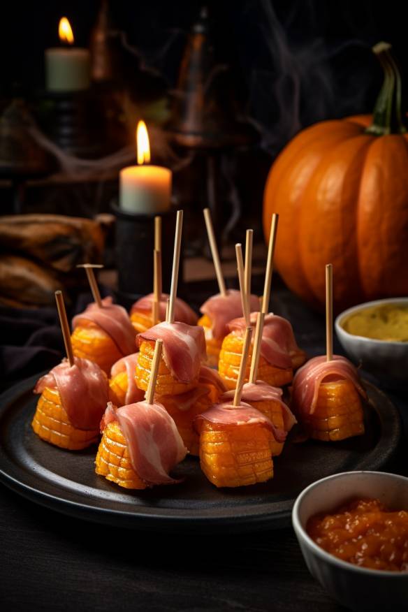 Gruselige Halloween-Häppchen mit Kürbis und Schinken.