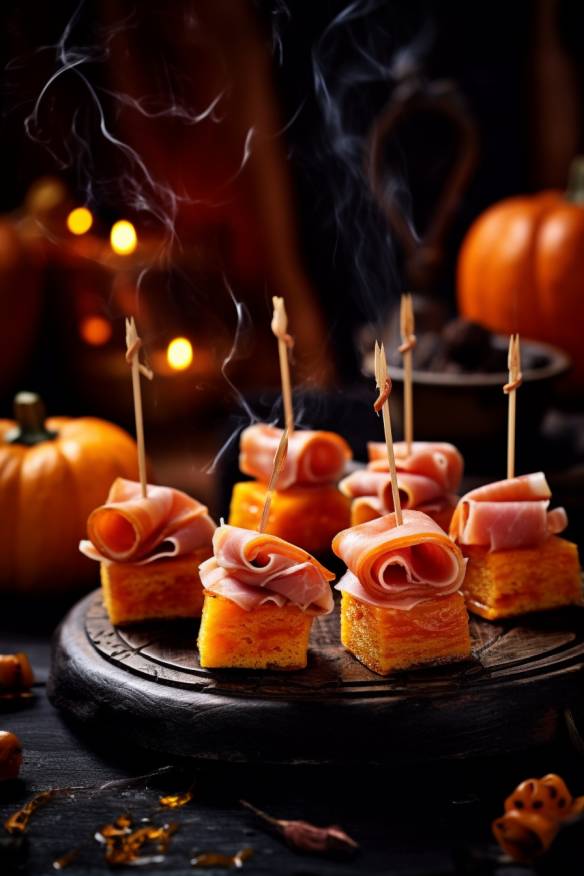 Gruselige Halloween-Häppchen mit Kürbis und Schinken.