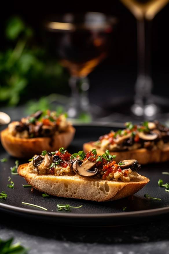 Gefüllte Champignon-Crostini auf einem Teller