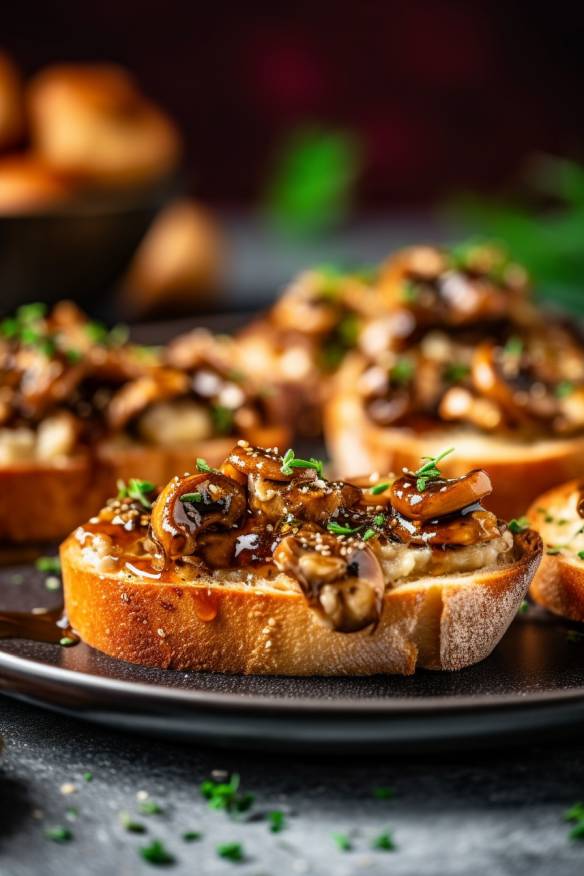 Gefüllte Champignon-Crostini auf einem Teller