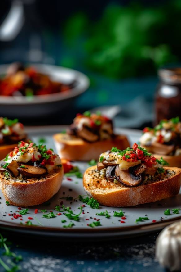 Gefüllte Champignon-Crostini auf einem Teller