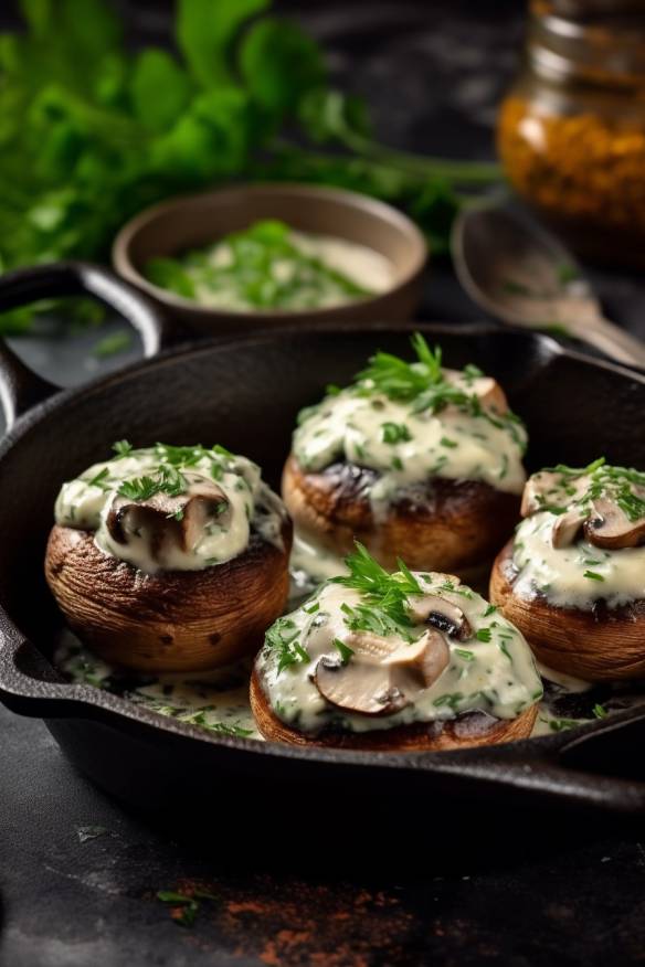 Gefüllte Champignons mit Frischkäse und Petersilie.