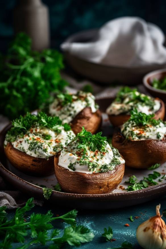 Gefüllte Champignons mit Frischkäse und Petersilie.