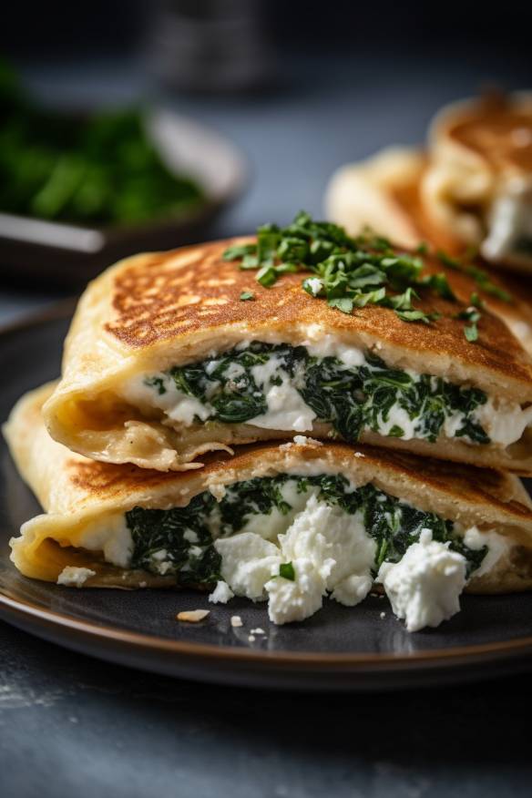 Gefüllte Pfannkuchen mit Spinat und Feta auf einem Teller angerichtet.