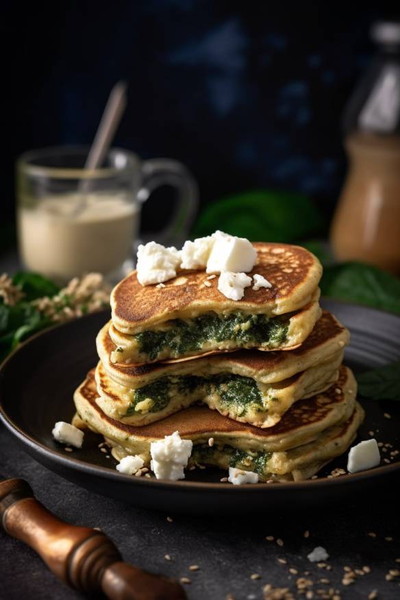 Gefüllte Pfannkuchen mit Spinat und Feta auf einem Teller angerichtet.