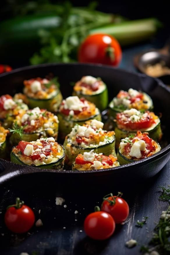 Gefüllte Zucchini-Häppchen mit Feta-Käse, Tomaten und Zwiebeln