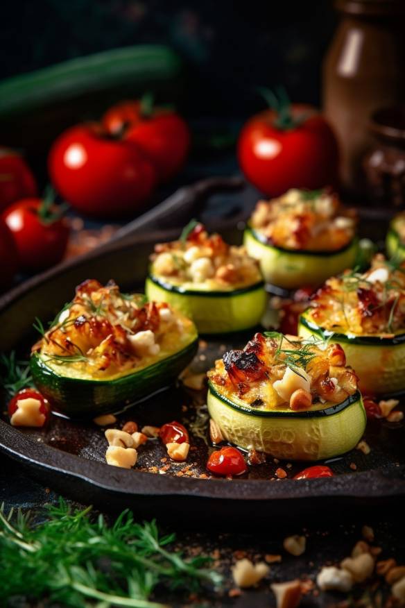 Gefüllte Zucchini-Häppchen mit Feta-Käse, Tomaten und Zwiebeln