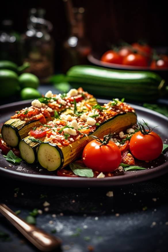 Gebackene Zucchini mit Feta und Tomaten.