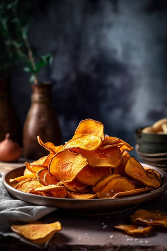 Süßkartoffel-Chips auf einem Teller angerichtet.