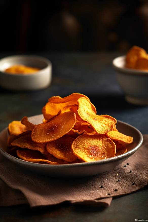 Süßkartoffel-Chips auf einem Teller angerichtet.