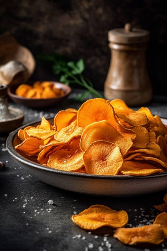 Süßkartoffel-Chips auf einem Teller angerichtet.