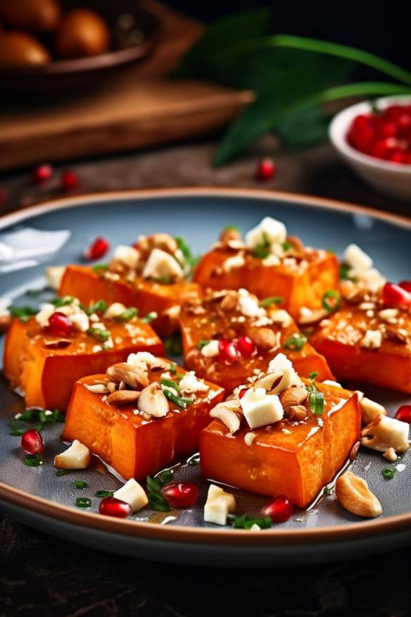 Süßkartoffel-Feta-Bites mit Pinienkernen und Chili.