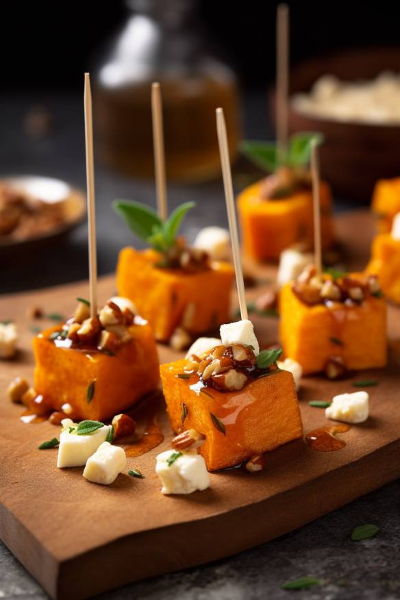 Süßkartoffel-Feta-Bites mit Pinienkernen und Chili.