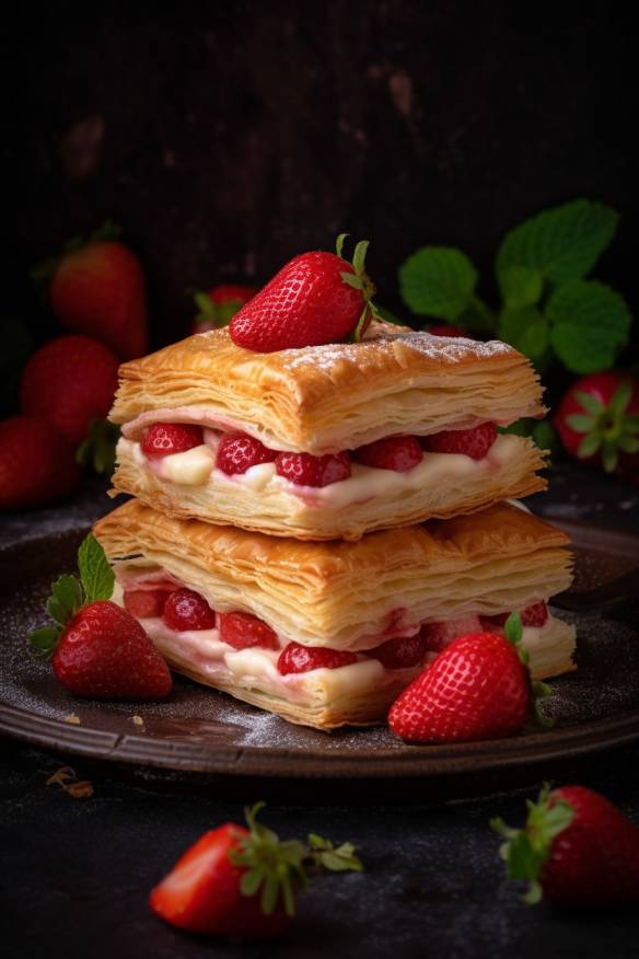 Süße Blätterteig-Naschereien mit Erdbeeren.