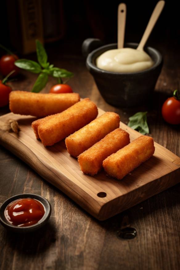 Tomaten-Mozzarella-Sticks auf einem Holzbrett serviert.