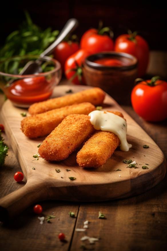 Tomaten-Mozzarella-Sticks auf einem Holzbrett serviert.