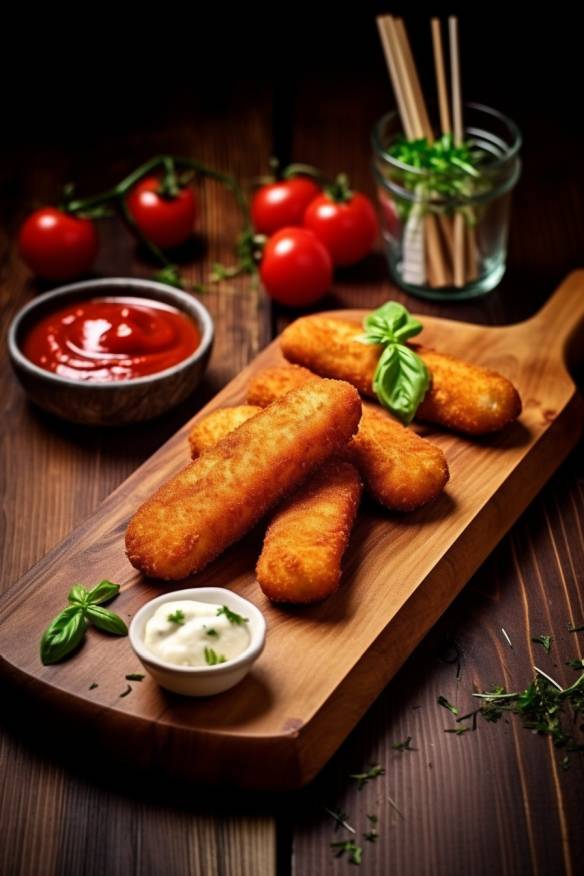 Tomaten-Mozzarella-Sticks auf einem Holzbrett serviert.