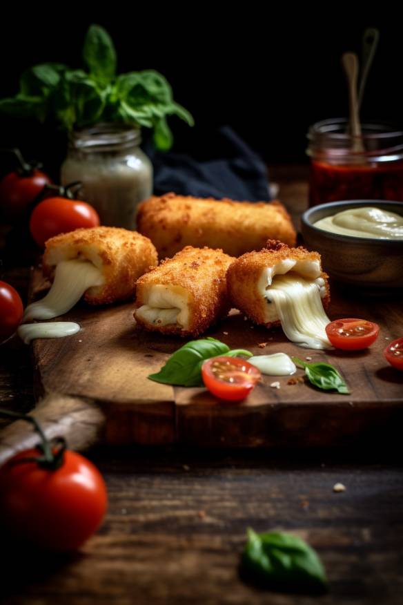 Tomaten-Mozzarella-Sticks auf einem Holzbrett serviert.