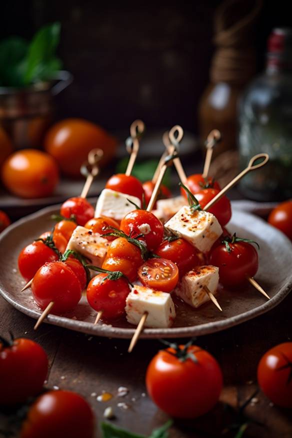 Tomaten-Feta-Spiesse auf einem Teller angerichtet.