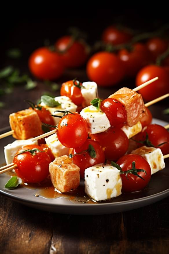 Tomaten-Feta-Spiesse auf einem Teller angerichtet.