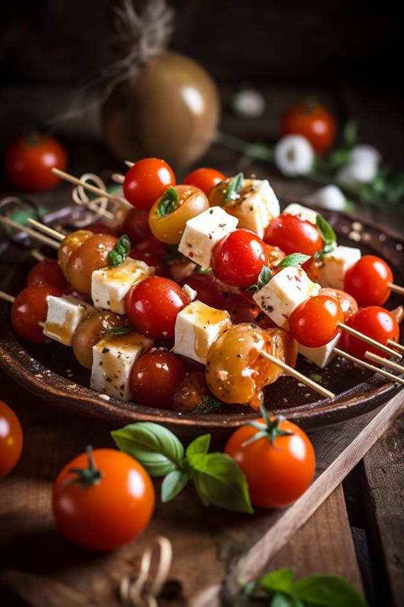 Tomaten-Feta-Spiesse auf einem Teller angerichtet.