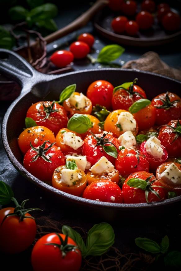 Tomaten Häppchen mit Feta und Basilikum.