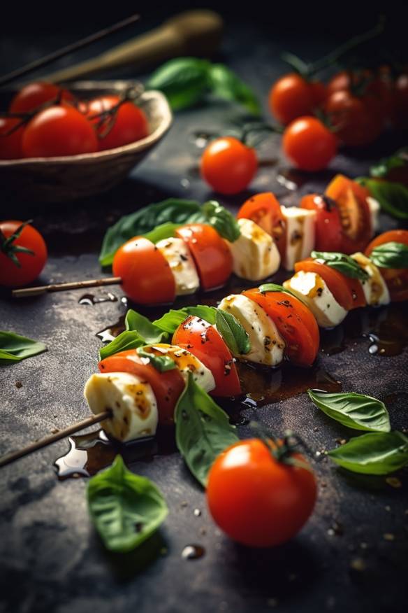 Tomaten Häppchen mit Feta und Basilikum.