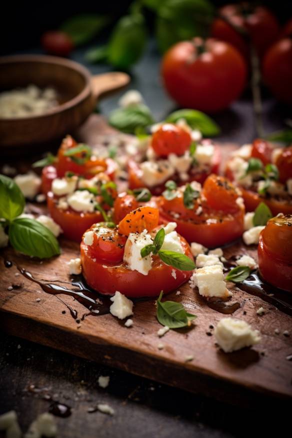 Tomaten Häppchen mit Feta und Basilikum.