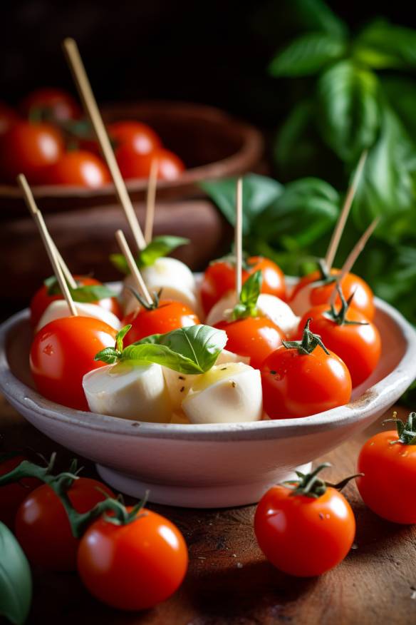 Tomate-Mozzarella-Häppchen mit frischen Tomaten und Mozzarella.