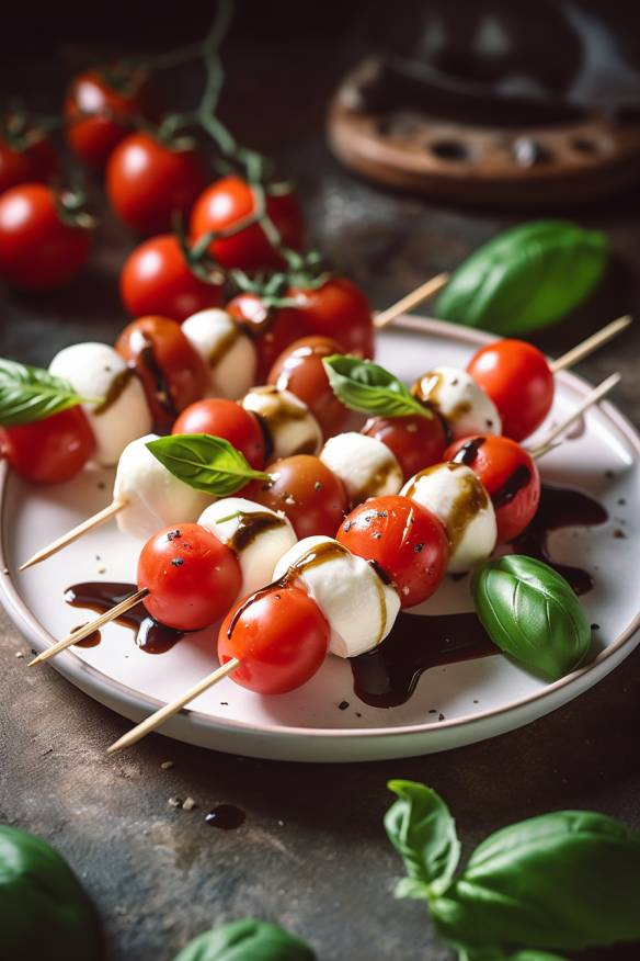 Tomate-Mozzarella-Spieße auf einem Teller angerichtet