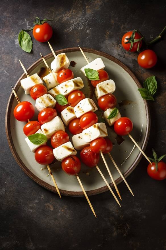 Tomaten-Mozzarella-Spießchen auf einem Teller