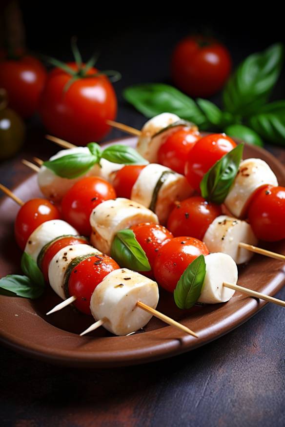 Tomaten-Mozzarella-Spießchen auf einem Teller